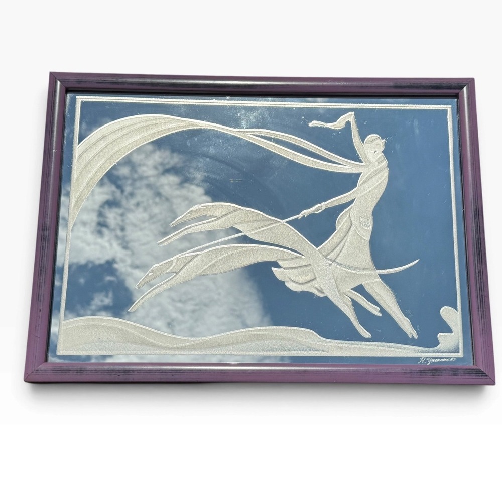 Vintage 1987 R Yasmine Etched Mirror Art Deco Woman & Greyhounds Purple Frame